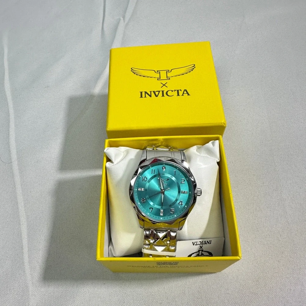 NWT Invicta 70050 Wrist Watch Mens OS Turquoise Silver Studded Link Streetwear